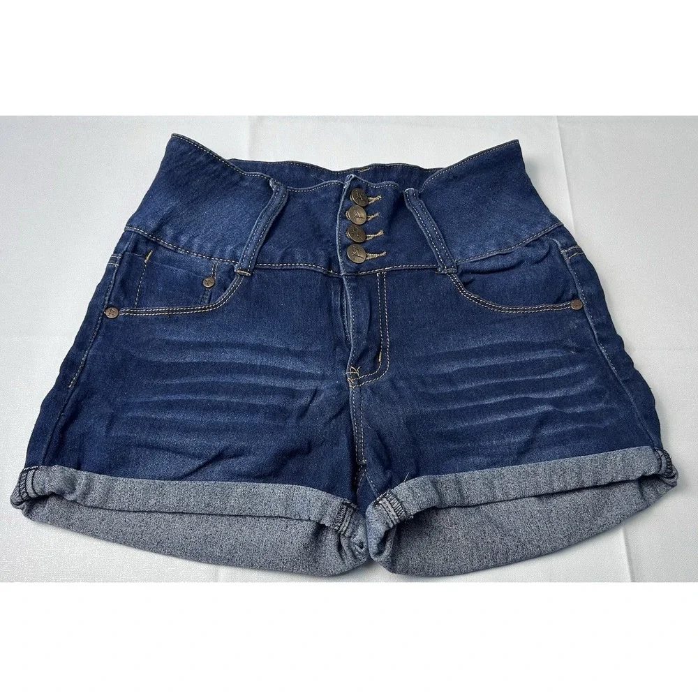 Boho Chic Dark Wash Denim Shorts Juniors‎ 5 Cuffed Stretch Casual Festival Indie